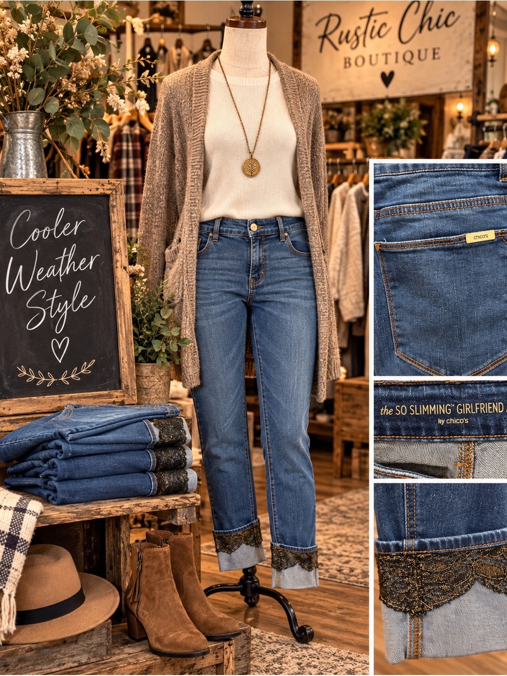 Chico's Medium Blue Cropped Ankle Jeans with Embellished Cuffs